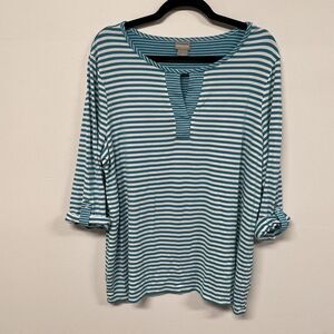 Chicos Blue White Stripe Blouse Womens Size 3 XL Roll Tab Long Sleeve Nautical